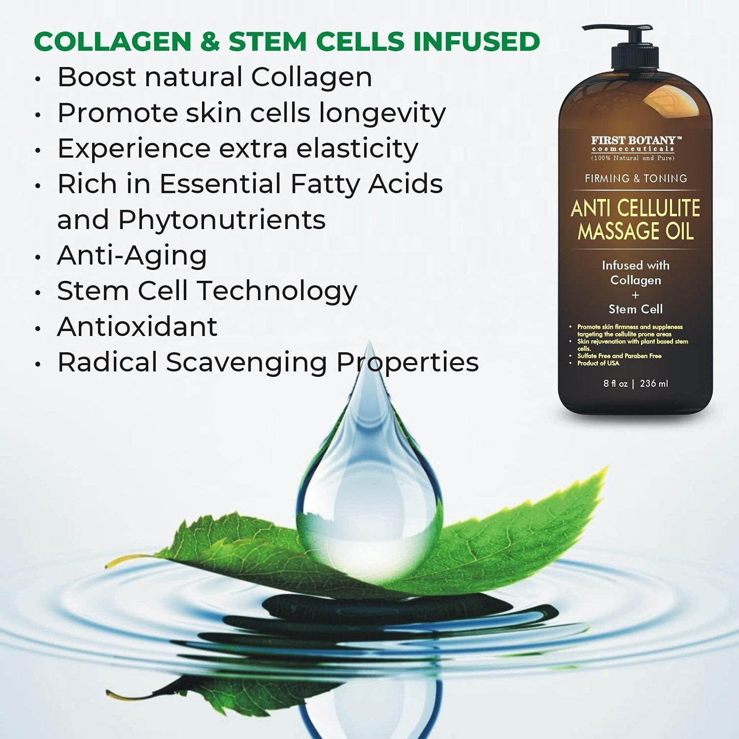 First Botany, Anti-Cellulite Massage Oil Infused with Collagen & Stem Cells - Natural Cellulite & Stretch Mark Treatment for Men & Women - 8 oz-BrightBean Baby