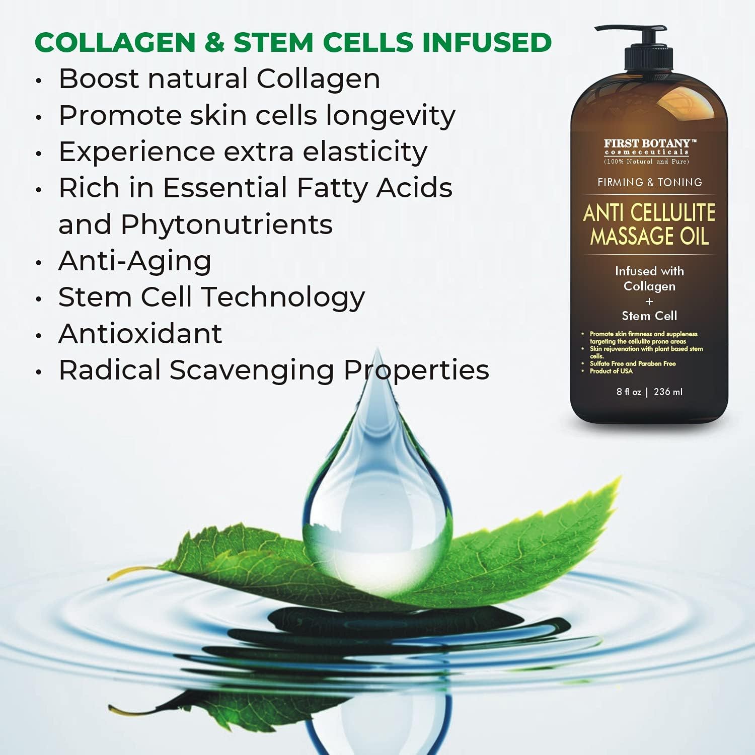 First Botany, Anti-Cellulite Massage Oil Infused with Collagen & Stem Cells - Natural Cellulite & Stretch Mark Treatment for Men & Women - 8 oz-BrightBean Baby