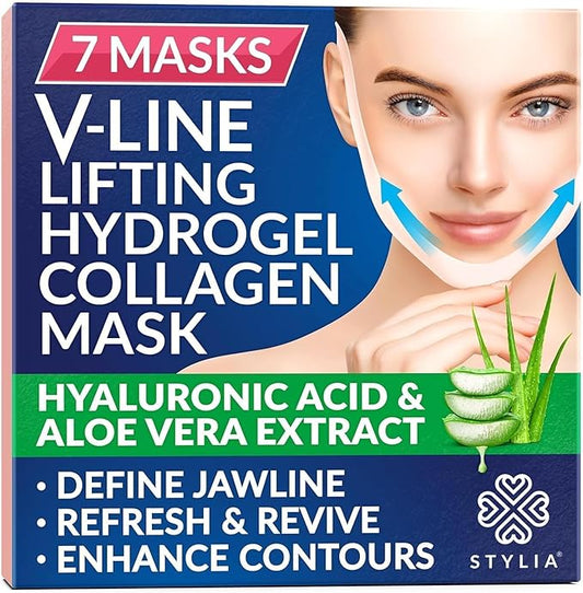 Stylia V Line Lifting Collagen Face Mask - Double Chin Strap for Women - Jawline Shaper Face Lift Tape - Neck Lift Collagen Mask - Chin Strap for Sleeping - Hyaluronic Acid, Aloe Vera, Cica 7P-BrightBean Baby