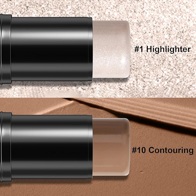 2Pcs Cream Contour Stick Makeup Kit, Cream Highlighter Stick and Bronzer Contour Stick with Longwear Waterproof Formula for Brightening and Trimming the Cheeks, Makeup Brush Include (#01, 10)-BrightBean Baby