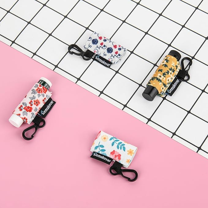 4 Pack Compact Clip-On Chapstick Holder Lip Balm Holder Keychain, Premium Release Clip Elastic Sleeves Lip Gross Holder Keychain Clip On Lipstick Sleeve, Fits Most Standard Lip Balm-BrightBean Baby