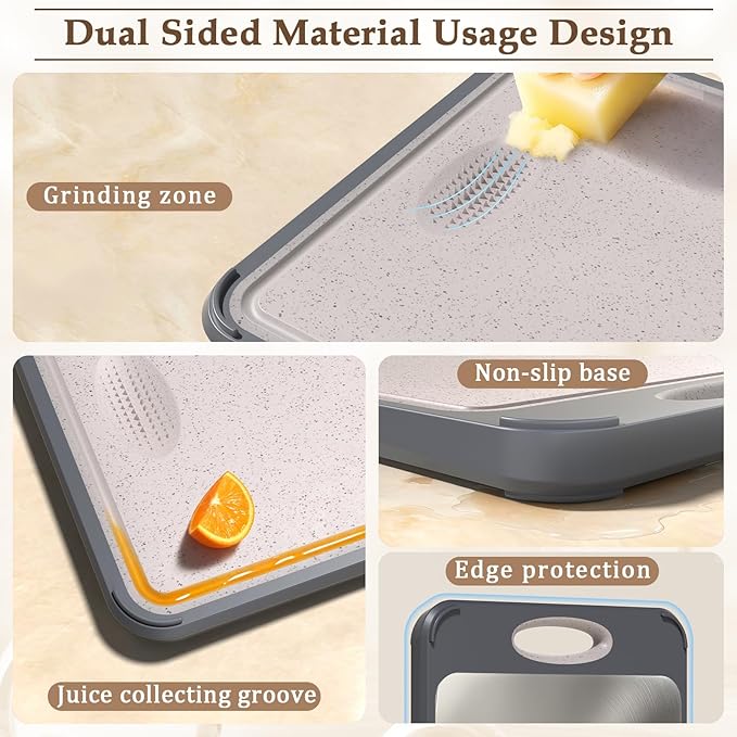 GUANCI Cutting Board for Kitchen, Stainless Steel Cutting Board Double Sided for Chopping Meat/Vegetables, Stainless Steel/Wheat Straw PP, Kitchen Gifts Easy to Clean Large 16”×11”