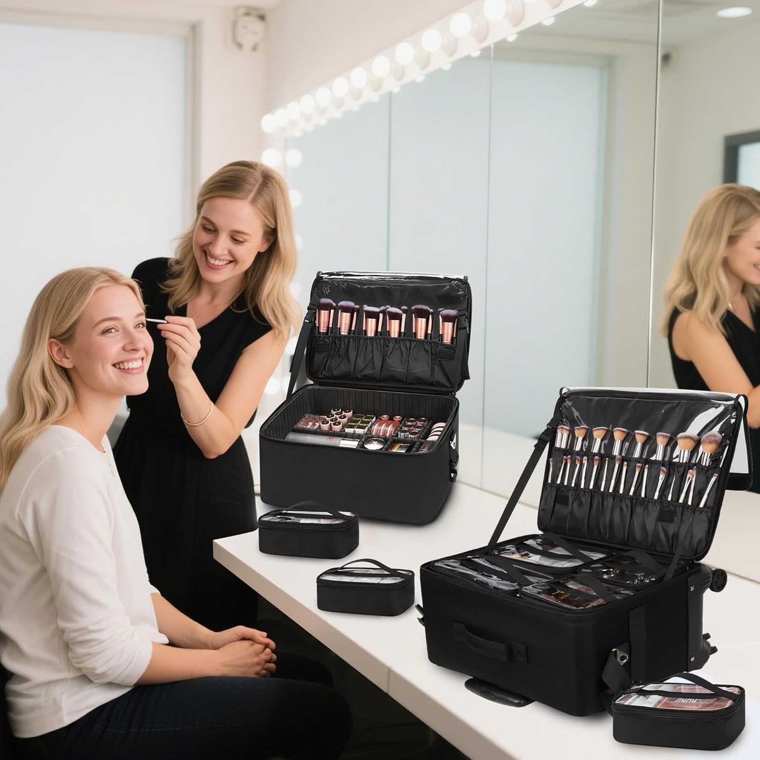 Rolling Makeup Bag Professional Makeup Artist Bags 2 in 1 Cosmetics Case Extra Large Trolley Travel Case with 360° Swivel Wheels and Adjustable Dividers-BrightBean Baby