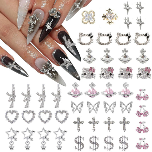 50Pcs Nail Charms Rhinestones Gems Kitty Heart Star Gun Planet Cross Jewelry for Acrylic Nails Accessories Women Nail Decorations Manicure Craft DIY Nail Art Supplies-BrightBean Baby
