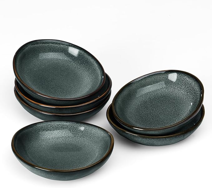famiware Ocean Soy Sauce Dishes of 6, Oval Dipping Sauce Cups/Bowls/Dishes for Kitchen, 2.1oz Ceramic Small Bowls for Side Dish, Appetizers, Snacks, and Sushi, Reactive Glaze, Deep Forest