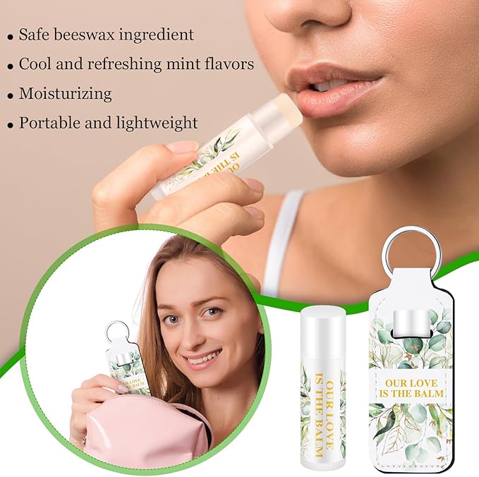 18 Sets Baby Shower Bridal Shower Favors for Guests Bulk Lip Balm and Lipstick Holder Keychains Set Baby Shower Bridal Shower Goodies Bags Thank You Gifts for Guests(Eucalyptus Wedding)-BrightBean Baby