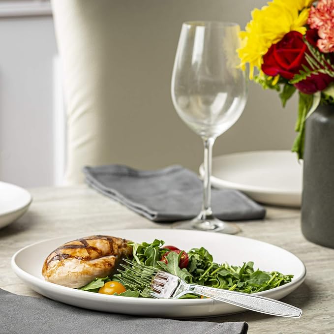 Comfy Package [300 Pack] Heavyweight Clear Plastic Forks with Engraved Design - Disposable Sturdy Plastic Utensils for Parties, Weddings, and Events