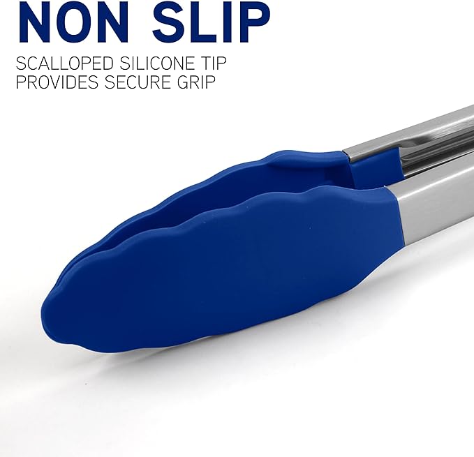 COOK WITH COLOR Stainless Steel Silicone Tipped Kitchen & BBQ Tongs Set, 3 Pc. Tongs, Blue