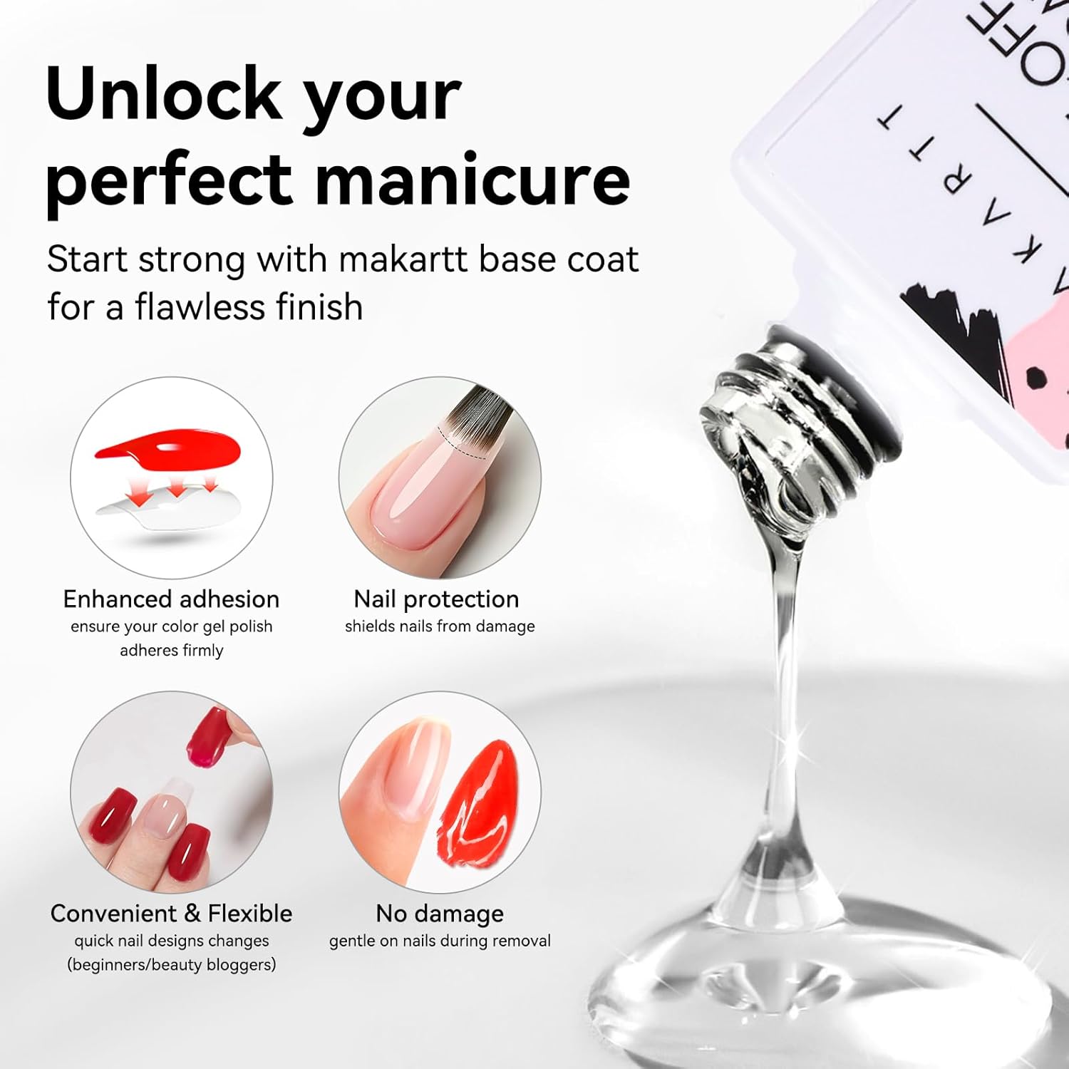 Makartt 15ml No Wipe Gel Top Coat and Peel Off Base Coat Set - 2Pcs Shine Finish Long Lasting No Filing Soak Off Clear Top Base Gel, UV LED Nail Lamp Required, for Women Nail Art DIY-BrightBean Baby