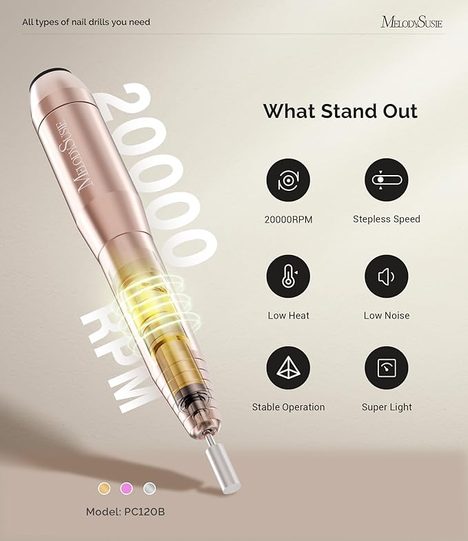 MelodySusie Portable Electric Nail Drill,PC120B Compact Efile Electrical Professional Nail File Kit for Acrylic, Gel Nails, Manicure Pedicure Polishing Shape Tools Design for Home Salon Use, Gold-BrightBean Baby