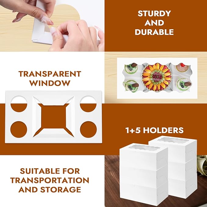10 Pack Cakes and Cupcake Boxes with Transparent Windows Suitable for 4 Cupcakes and 1 Small Cake, Used as Baking Supplies for Birthdays, Weddings, Holidays and Parties.(White, 1+4(10Pack))