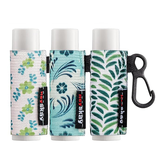 3PCS Lip Balm Holder Lip Gloss Sleeves Keychain Lipstick Holder Keychain Chapstick Elastic Sleeves Bulk(Green Print Flower X3)-BrightBean Baby