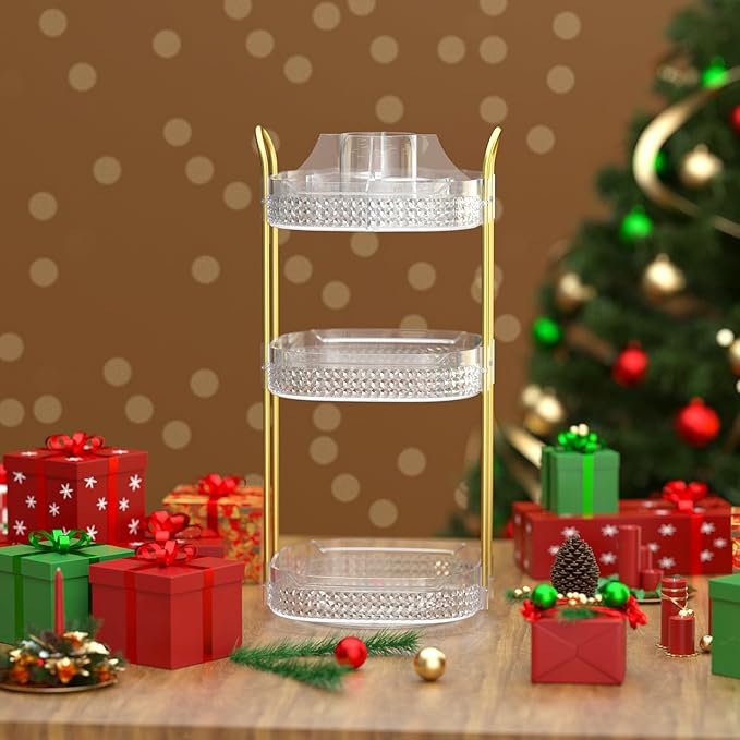 Awenia Rotating Makeup Organizer 360, Stackable Adjustable Large Capacity Cosmetic Storage Unit,Dresser Bathroom Kitchen Countertop Organizer with Metal Handle, Plus Size (Clear, 3 Tier)-BrightBean Baby