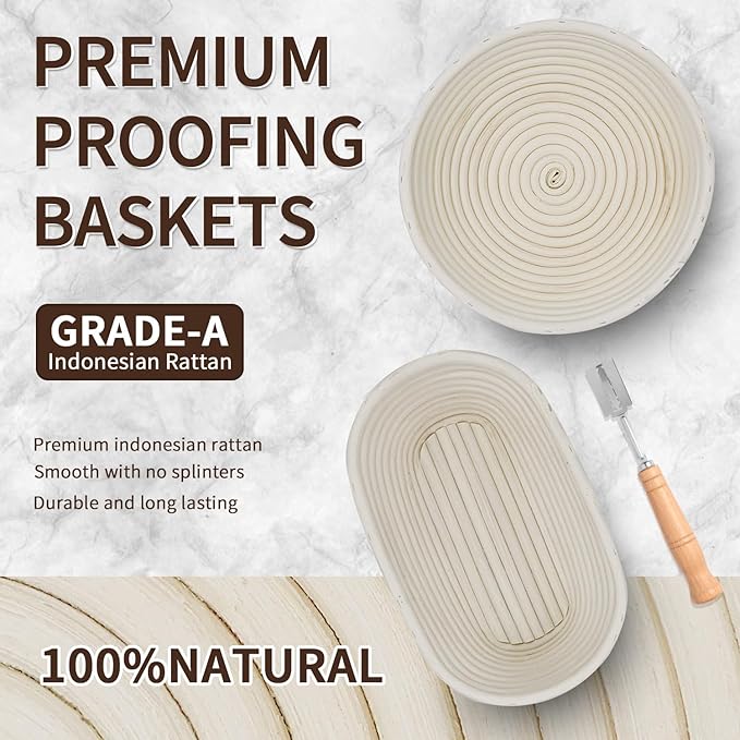 Bread Proofing Basket Set, Round 9 Inch and Oval 10 Inch Banneton Bread Bowl, Sourdough Bread Making Supplies Tools with Bread Lame, Danish Whisk, Bowl Scraper, Sourdough Scraper, Liners
