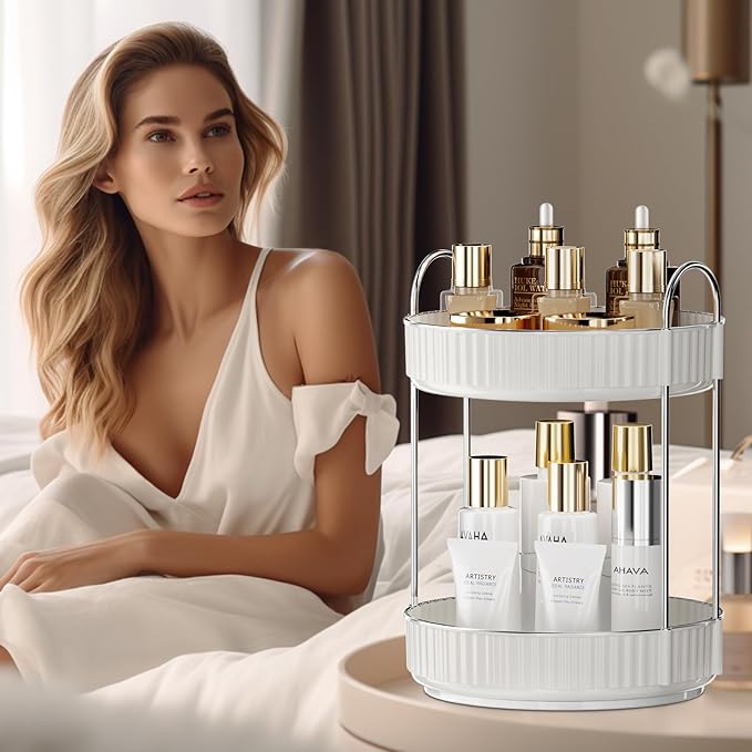 Rotating Makeup Organizer for Vanity, 2 Tier High-Capacity Skincare & Makeup Storage, Perfume Organizer, Cosmetic Dresser, Countertop 360 Spinning-BrightBean Baby