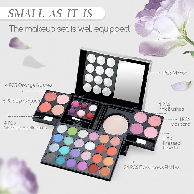 Color Nymph All In One Makeup Palette Set Kit,Portable Travel Makeup Kit for Girls with 24-Colors Eyeshadows Facial Blusher Lip Gloss Pressed Powder Mascara Brushes Mirror-BrightBean Baby