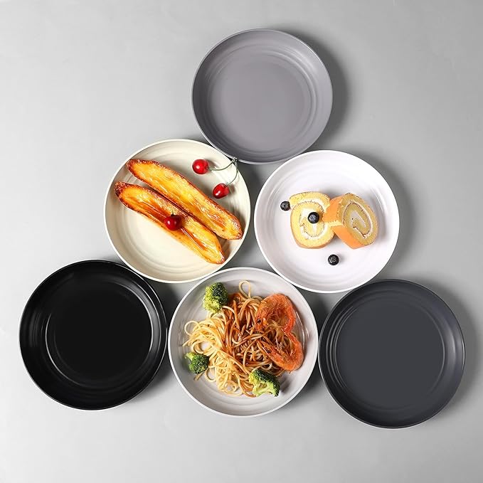 12 Pcs Unbreakable Deep Dessert Plates Set, 8 inch Reusable Plastic Wheat Straw Plates, Microwave and Dishwasher Safe Plate for Kitchen, Lightweight Plate for Dessert, BPA Free, White