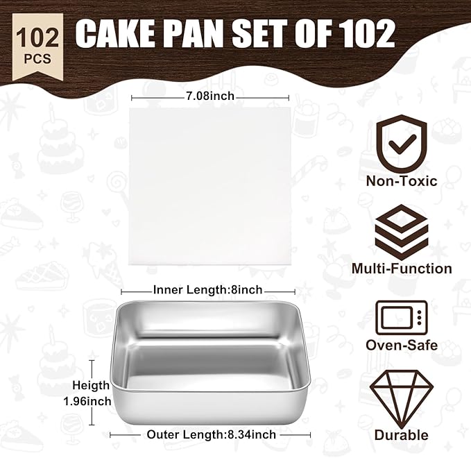 BEWOS 102 PCS 8-Inch Square Cake Pan Set - Includes 100 Baking Parchment Papers, Double Non-Stick Stainless Steel Cake Pans, Baking Pan for Brownie Cakes, Mirror Polished & Dishwasher Safe