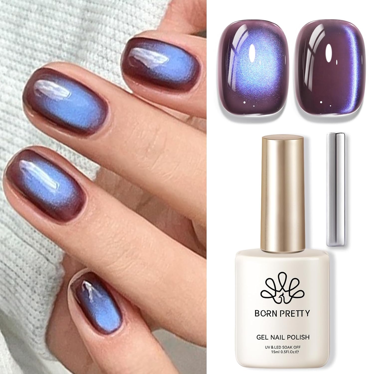 BORN PRETTY Cat Magnetic Eye Gel Nail Polish,Indigo Eggplant Glitter Cat Magnetic Gel Nail Polish Magnetic Nail Polish for Nail Art Manicure Salon DIY at Home 15ML-BrightBean Baby