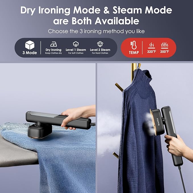 FEPPO Travel Steamer for Clothes, 110-240V Dual Voltage Portable Mini Steamer & Iron 2in1, 1100W Powerful Garment Steamer, Fast Heat Up, Travel Size, HD Display, for Home & Global & Europe Travel-BrightBean Baby