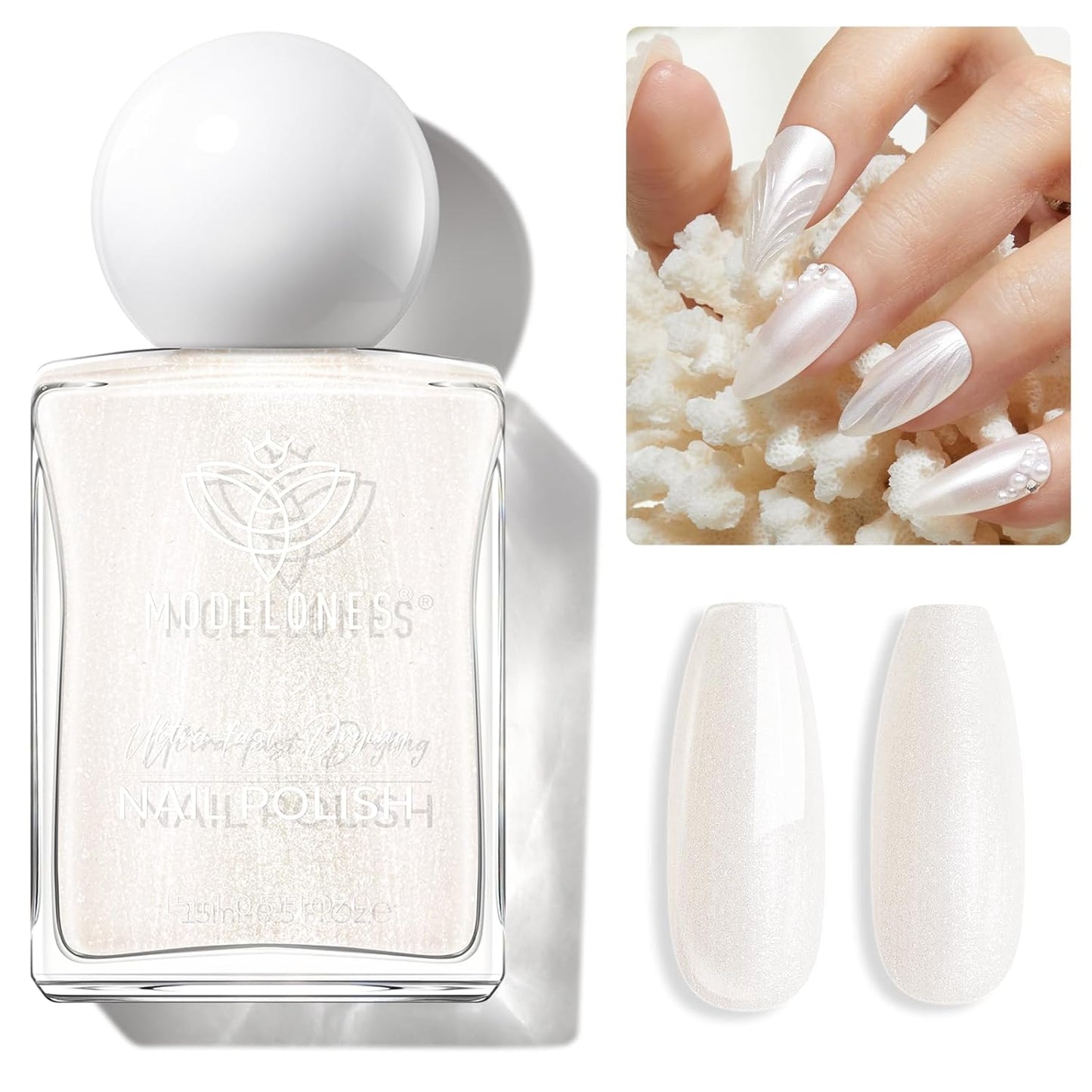 modelones Pearl White Nail Polish, Shimmer Glitter White 15 ml Quick Dry Nail Lacquer Strengthener Long Last Shine Fingernail Toe Nail Art DIY Home Travel Manicure Gift for Women Girls 0.5 Fl Oz-BrightBean Baby