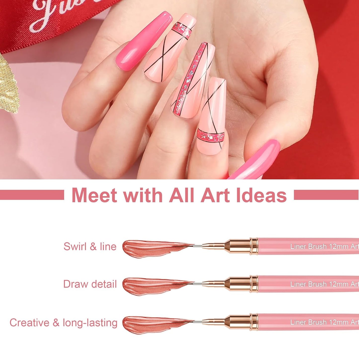 Artdone Metallic Nail Art Pens, Liner Brushes Set, 5PCS Pink Color Nail Tools For Long Lines, Thin Details, Fine Drawing, Liner Brush UV Gel Polish Painting Nail Design Sizes 5/8/12/20/25mm-BrightBean Baby