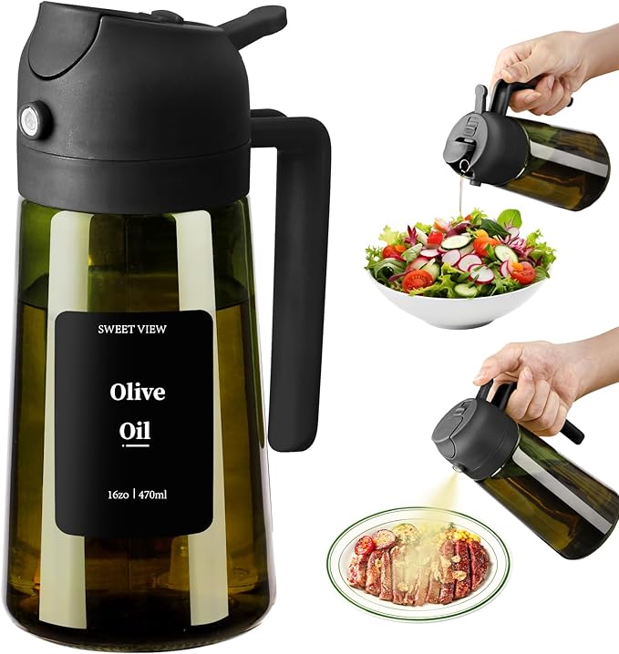 Olive Oil Dispenser and Oil Sprayer – 16oz/470ml Glass Light-Proof Oil Pourer for Kitchen, Air Fryer, Cooking, Salad, and BBQ