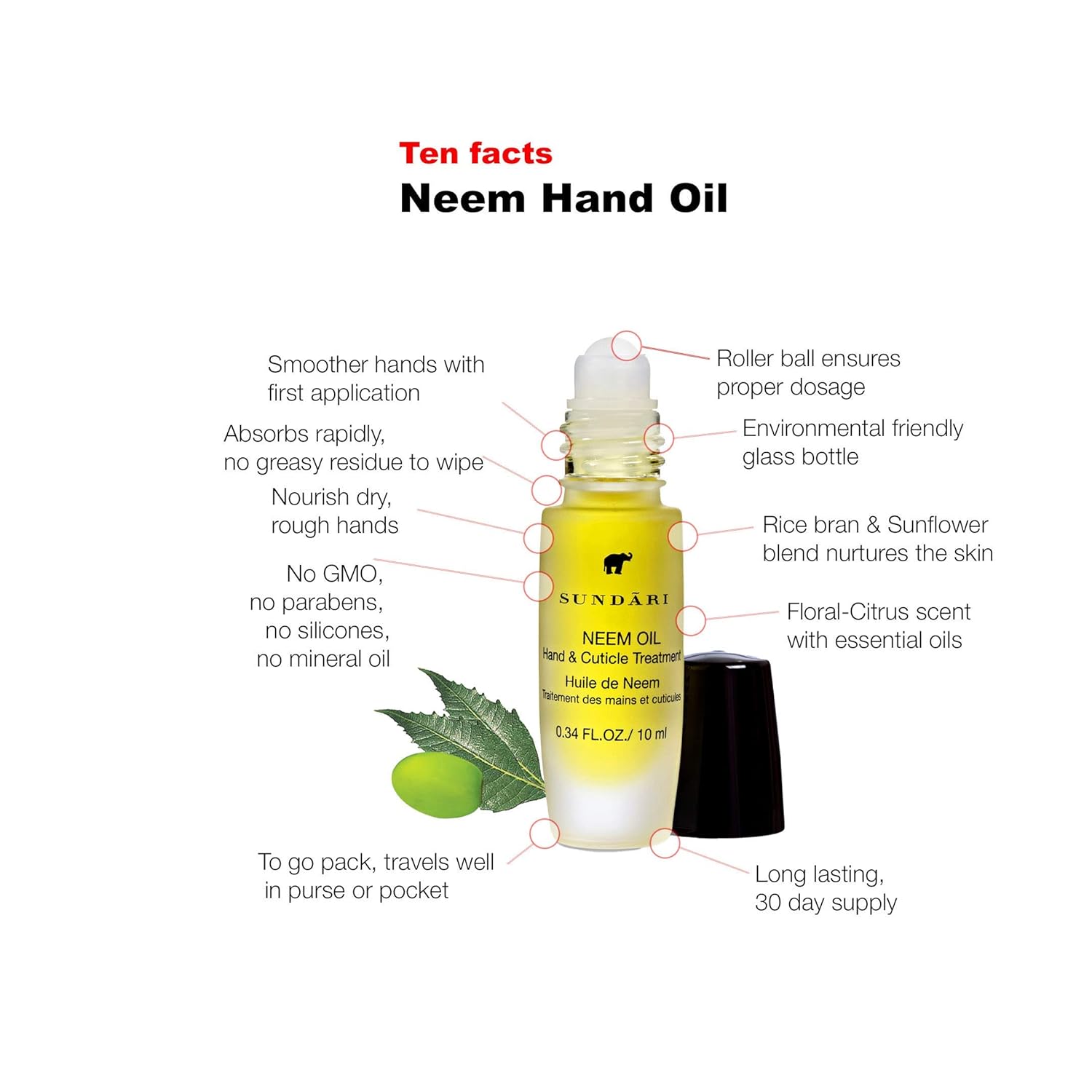 SUNDARI Neem Hand & Cuticle Treatment Oil – 0.34 Fl Oz, Roller for Dry Hands, Nails and Cuticles, Hydrating, Non-Greasy, Pure Plant & Herbal Extracts, Mess-Free Application, Deep Nourishment-BrightBean Baby