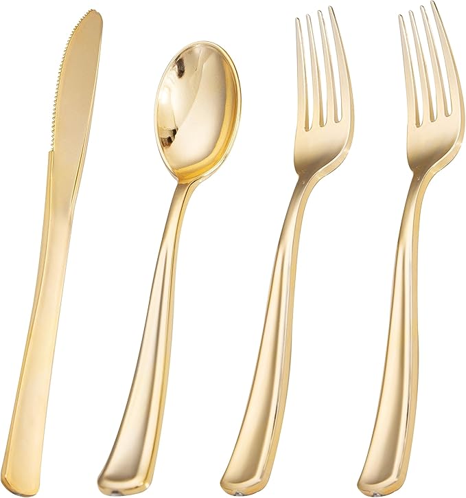 Liacere 200Pcs Gold Plastic Silverware-Gold Plastic Cutlery - Disposable Silverware include 100 Forks 50 Spoons 50 Knives Perfect for Parties&Weddings&Restaurants&Thanksgiving&Fall Decor