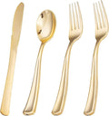 Liacere 200Pcs Gold Plastic Silverware-Gold Plastic Cutlery - Disposable Silverware include 100 Forks 50 Spoons 50 Knives Perfect for Parties&Weddings&Restaurants&Thanksgiving&Fall Decor