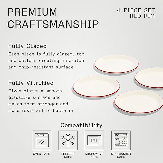 Made In Cookware - Set of 4 - Appetizer Plates - White With Red Rim - Porcelain England