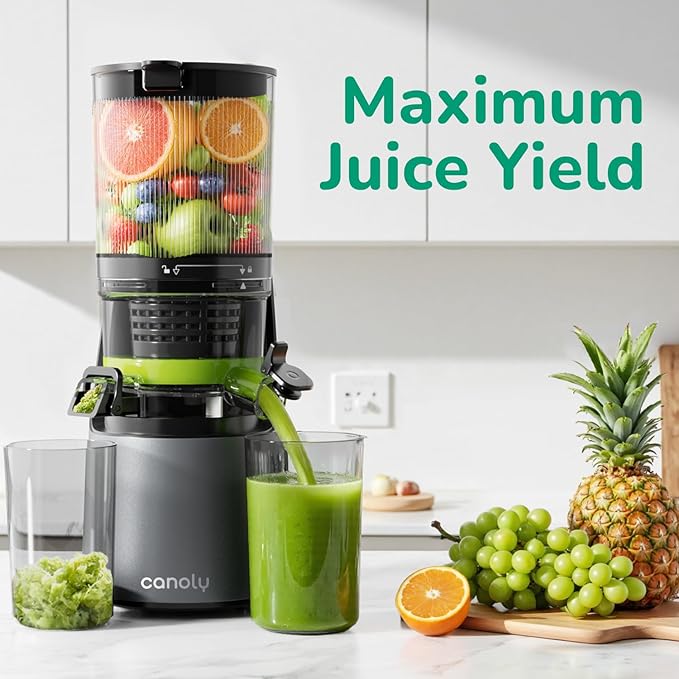 Canoly C16 Cold Press Juicer, 6" Extra Wide Feed Chute, 3-IN-1 Strainers (Juice & Sorbet & Nut Milk), Powerful AC Brushless Motor, Self Precut System, Juicer Machines with BPA-Free (Space Gray)