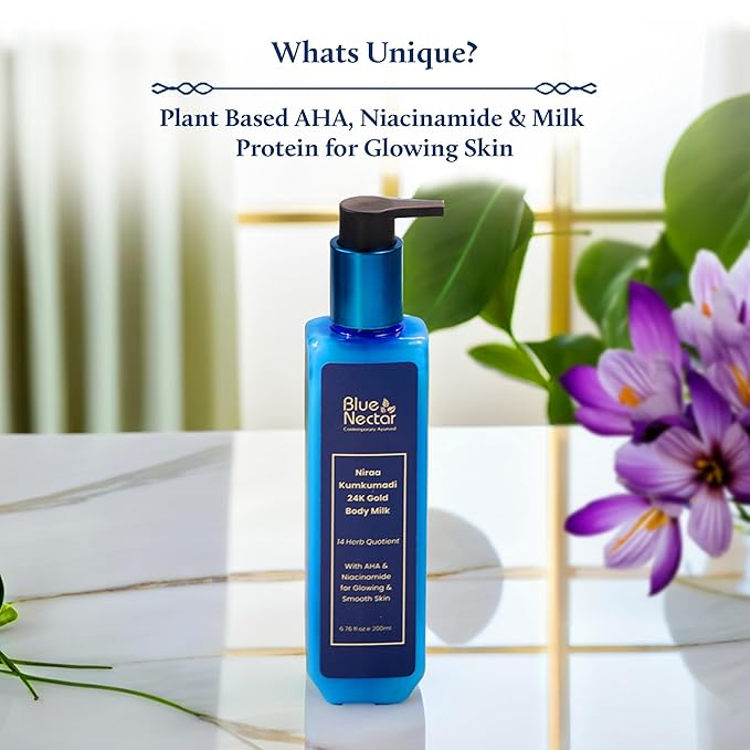Blue Nectar 24K Carat Gold Body Milk for Women & Men | Body Lotion with Plant Based AHA & Niacinamide | Moisturizer for Body | All Skin Types (14 Herbs, 6.76 Fl Oz)-BrightBean Baby