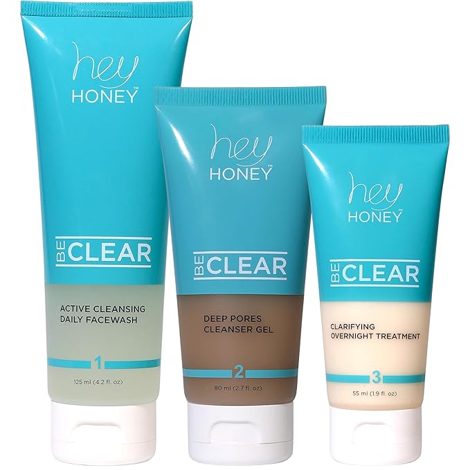 Hey Honey Skincare Be Clear 3-Step Acne Clearing Kit |Clear Face Wash, Deep Pores Cleansing, Overnight Treatment | with Propolis & Honey | Clear Blemish Skin Purifying Formulas | 3-Piece Kit-BrightBean Baby