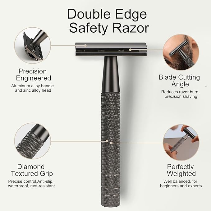 Matte Gun Black Double Edge Safety Razor, Single Blade Razors for Men and Women, with 10 Stainless Steel Safety Razor Blades, Reusable, Eco-friendly, Smooth and Close Shaving, Plastic Free-BrightBean Baby