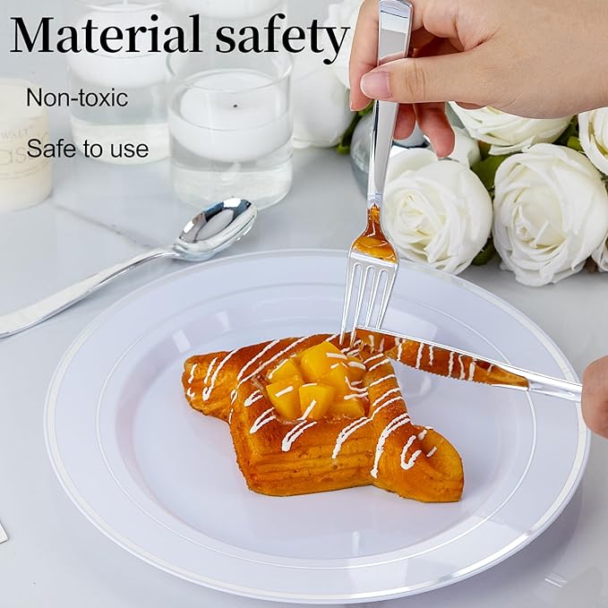 EI 360pcs Silver Plastic Silverware,Plastic Spoons and Forks,Plastic Silverware Heavy Duty,Disposable Plastic Cutlery include 120pcs Plastic Forks,120pcs Plastic Spoons and 120pcs Plastic Knives