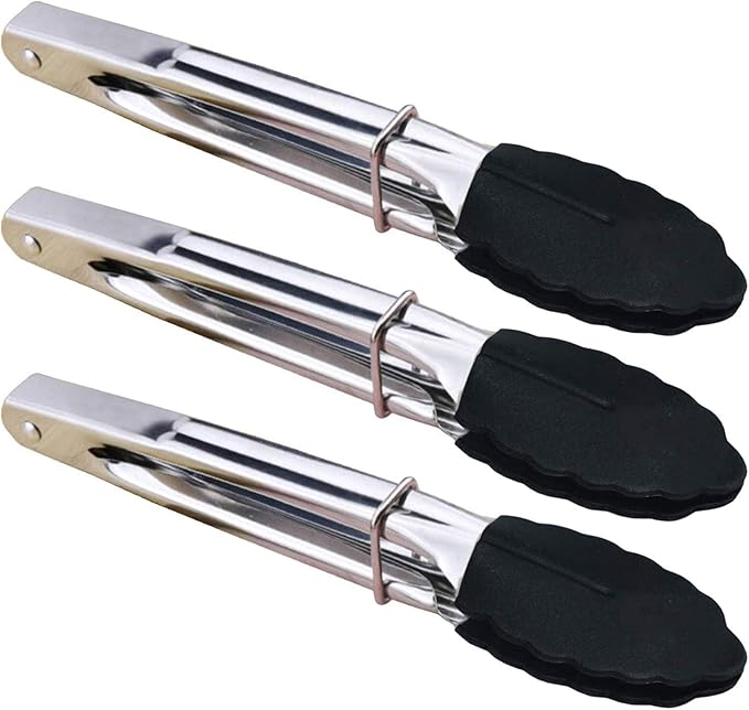 Mini Tongs with Silicone Tips 7-Inch Kitchen Tongs, Set of 3 (Black)