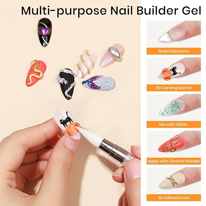 MIZHSE Solid Builder Gel - 1 oz Clear Non Stick Hand Hard Gel with 6 Colors Chrome Nail Powder and Nail Form Extension Kit for Salon and Home DIY-BrightBean Baby