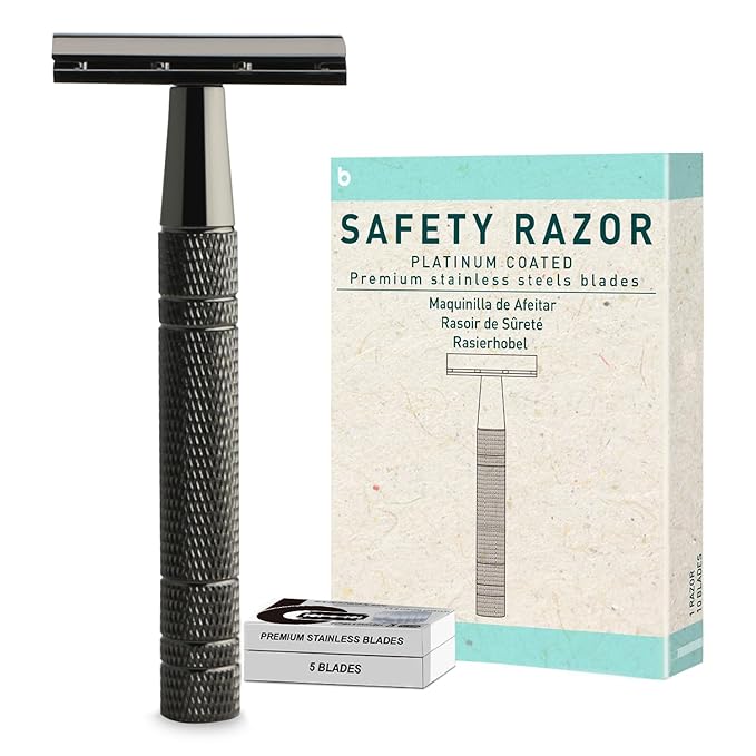 Gun Black Safety Razor, Single Blade Razors for Men & Women, with 10 Stainless Steel Double Edge Blades, Reusable Metal Razor, 1 Blade Razors, Eco-Friendly, Smooth and Close Shave, Plastic Free-BrightBean Baby