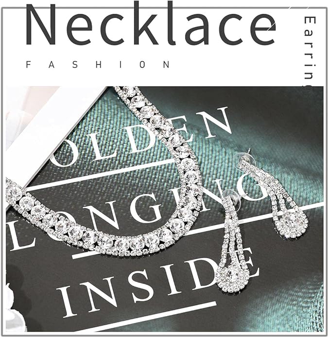 Yean Bride Silver Necklace Earrings Set Rhinestone Bridal Wedding Jewelry Sets Crystal Choker Necklace for Women (Set 3)-BrightBean Baby