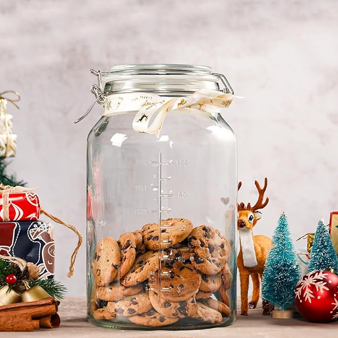 1 Gallon Super Wide Mouth Glass Storage Jars with Airtight Lids and 2 Measurement Marks, Leak Proof Glass Container with Hinged Lids, Large Pickle Jars with Labels and Silicone Gasket, 2 Pack