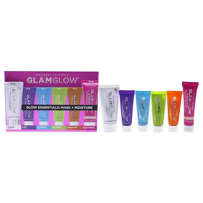 GLAMGLOW Glow Essentials Mask + Moisture Travel Set - SUPERMUD (0.7 oz), GLOWSTARTER NUDE (0.5 oz), GRAVITYMUD (0.35 oz), THRISTYMUD (0.35 oz), POWERMUD (0.35 oz) & FLASHMUD (0.35 oz)-BrightBean Baby