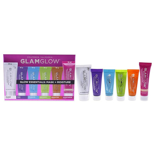 GLAMGLOW Glow Essentials Mask + Moisture Travel Set - SUPERMUD (0.7 oz), GLOWSTARTER NUDE (0.5 oz), GRAVITYMUD (0.35 oz), THRISTYMUD (0.35 oz), POWERMUD (0.35 oz) & FLASHMUD (0.35 oz)-BrightBean Baby