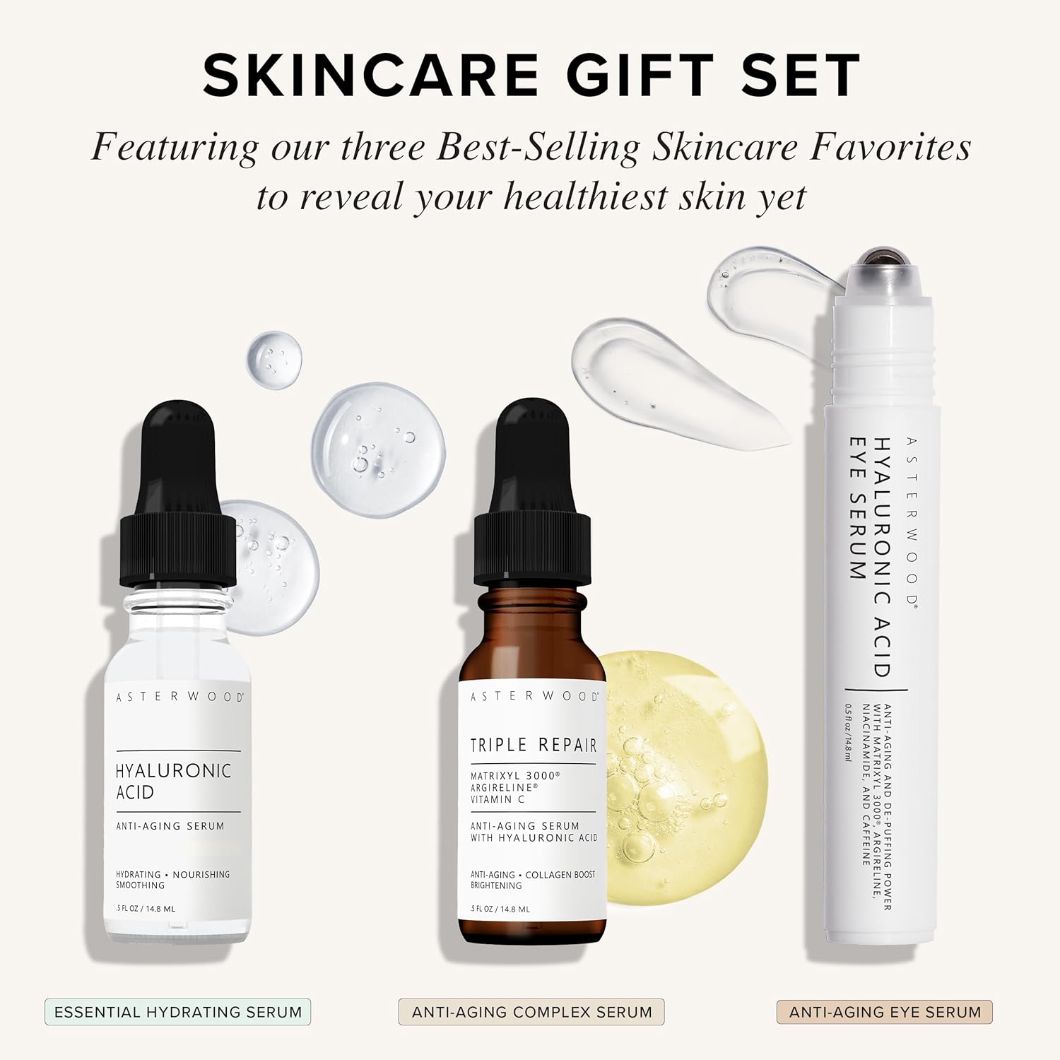 Asterwood Skin Care Set - with Hyaluronic Acid & Triple Repair Serums, Under Eye Serum - Skincare Essentials - Hydrating, Moisturzing, Anti-Aging - Fragrance-Free-BrightBean Baby