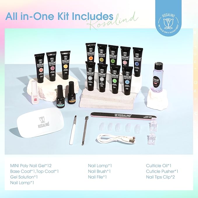 ROSALIND 12PCS Poly Nail Gel Kit with Mini Nail Lamp Nude Brown Cherry Pink Poly Extension Gel Kits-BrightBean Baby