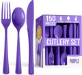 Party Solids Purple Plastic Silverware Heavy Duty 150 Pieces Purple Plastic Cutlery Sets, Utensil Sets, 50 Of Each Forks, Knives & Spoons Disposable Cutlery Set, Flatware Set For Party Supplies