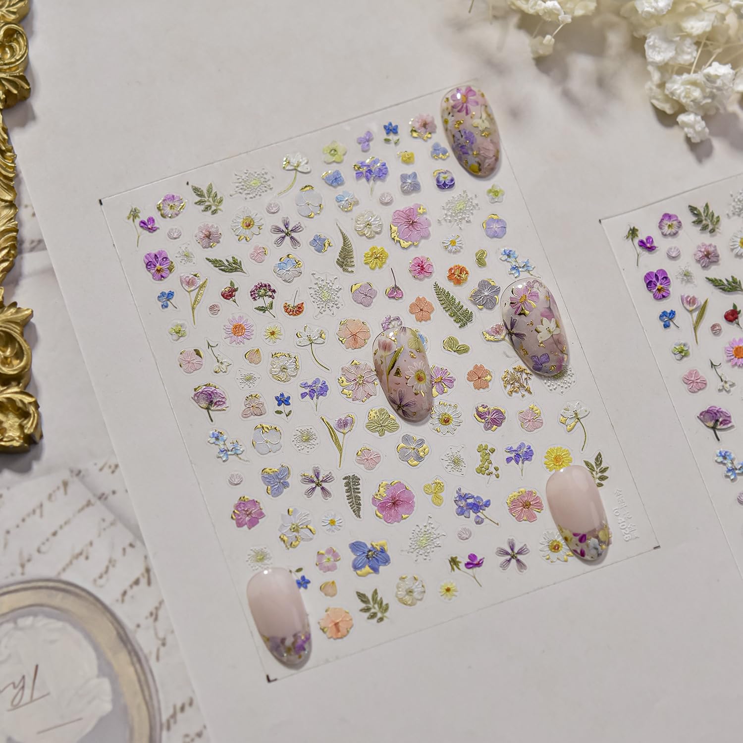 Flowers Nail Art Stickers Colorful Dried Flower Nail Decals 3D Self Adhesive Gold Foil Designs Spring Summer Nail Sticker Daisy Nail Stickers Cute Floral Nail Decal for DIY Nail Art Nails Decor Women-BrightBean Baby