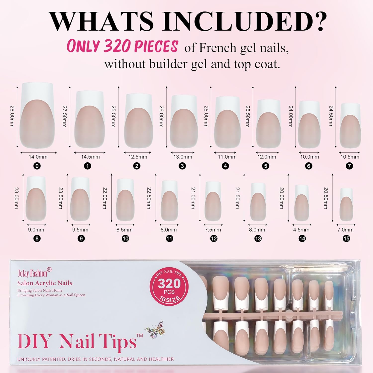 French Gel Nail Tips - Jofay Fashion French Tip Press on Nails 10-Piece Set 320Pcs, 3 in 1 Nude long Square Nail Tips, No Need to File Acrylic Fake Nails for Nail Art DIY & Nail Extension, 16 Sizes-BrightBean Baby