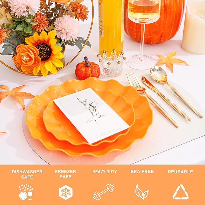 LIYH 50 Pcs Heavy Duty Thanksgiving Plates Orange Scalloped Plastic Plates Reusable Unbreakable Halloween Plastic Plate for Thanksgiving & Halloween Day, Dishwasher Safe BPA Free (25Guests)
