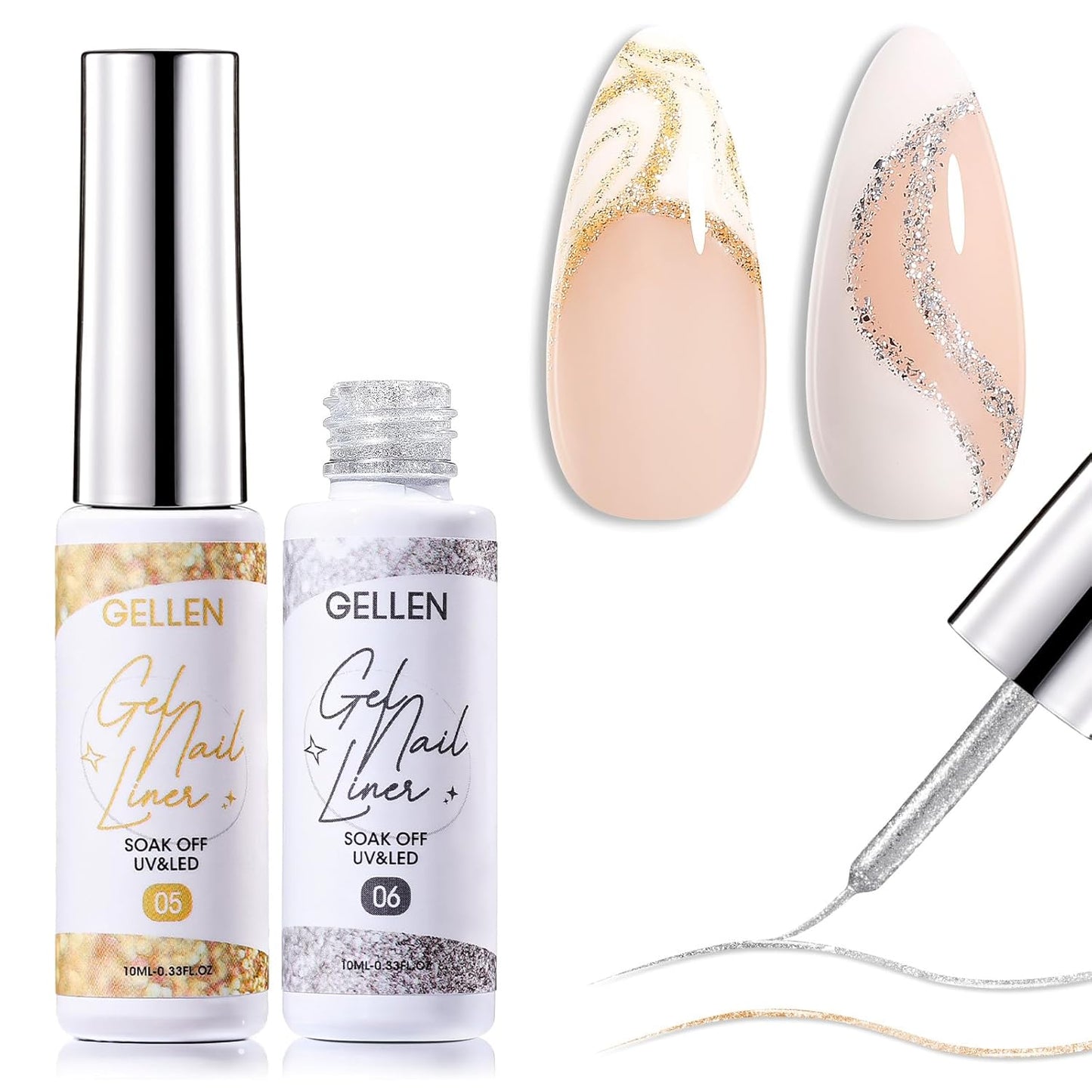 GELLEN Gold Silver Liner Gel Nail Polish, 2Pcs 10ml Soak off Uv Lamp Glitter Nail Art Polish Set with Built Thin Brush, Gel Art Paint for Sparkly Shiny Swirl Nails, Christmas Diy Gift for Women Girls-BrightBean Baby